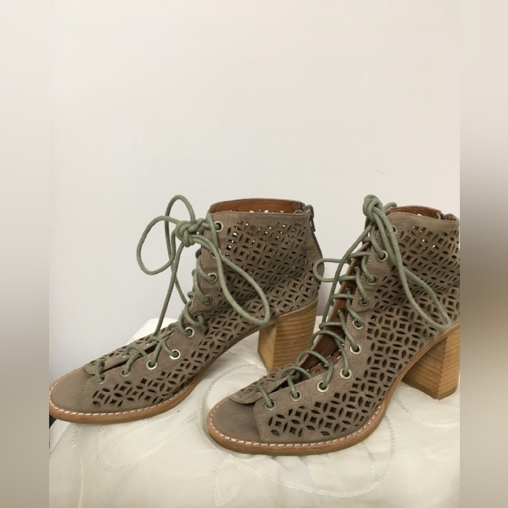 Jeffrey Campbell Lace-Up Perforated Block Heel Bootie in Taupe